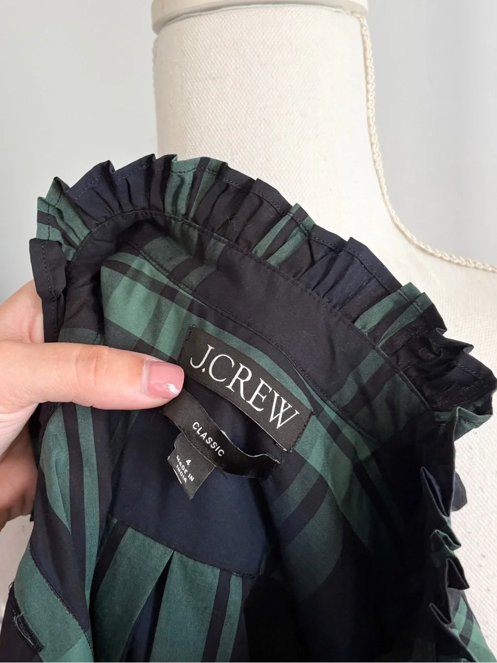 J.Crew Plaid Ruffle Jeweled Blouse 4